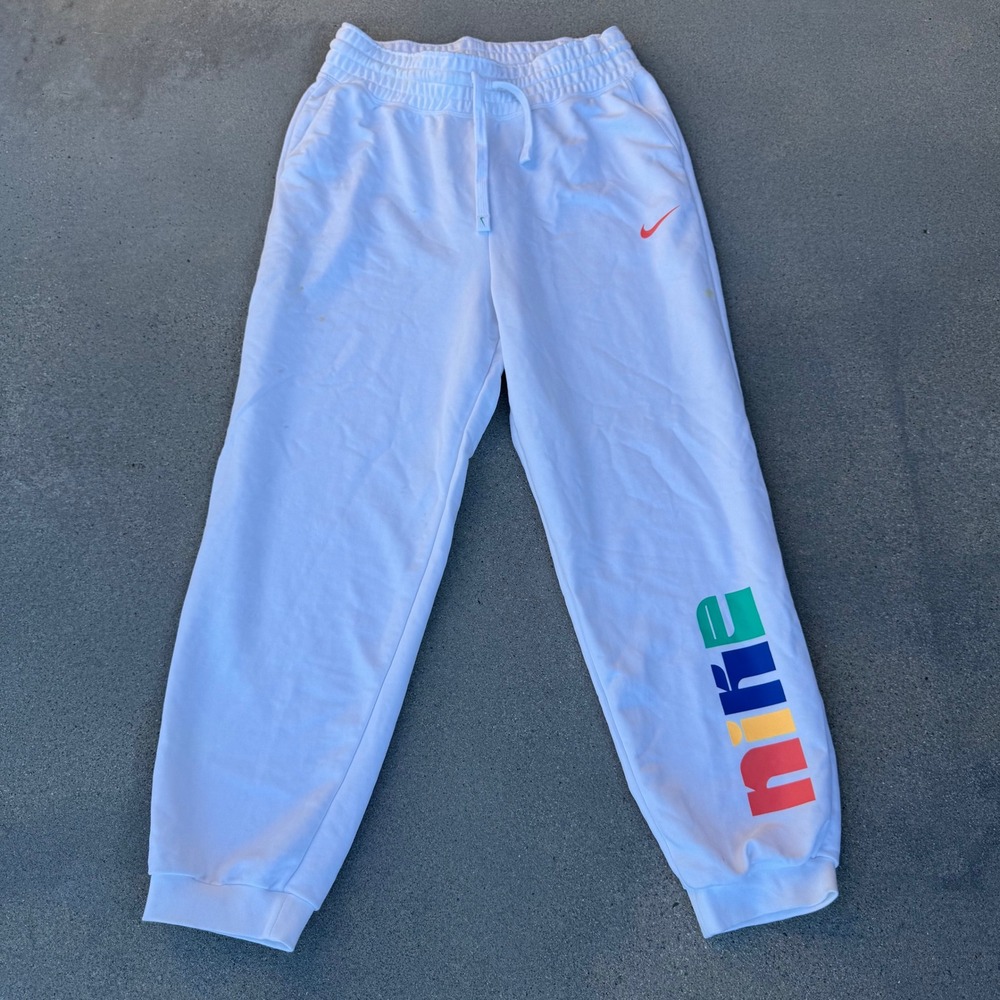 Nike Dri-FIT Women White Rainbow Logo Jogger Sweatpants DQ3588-100 Size L NWT‎